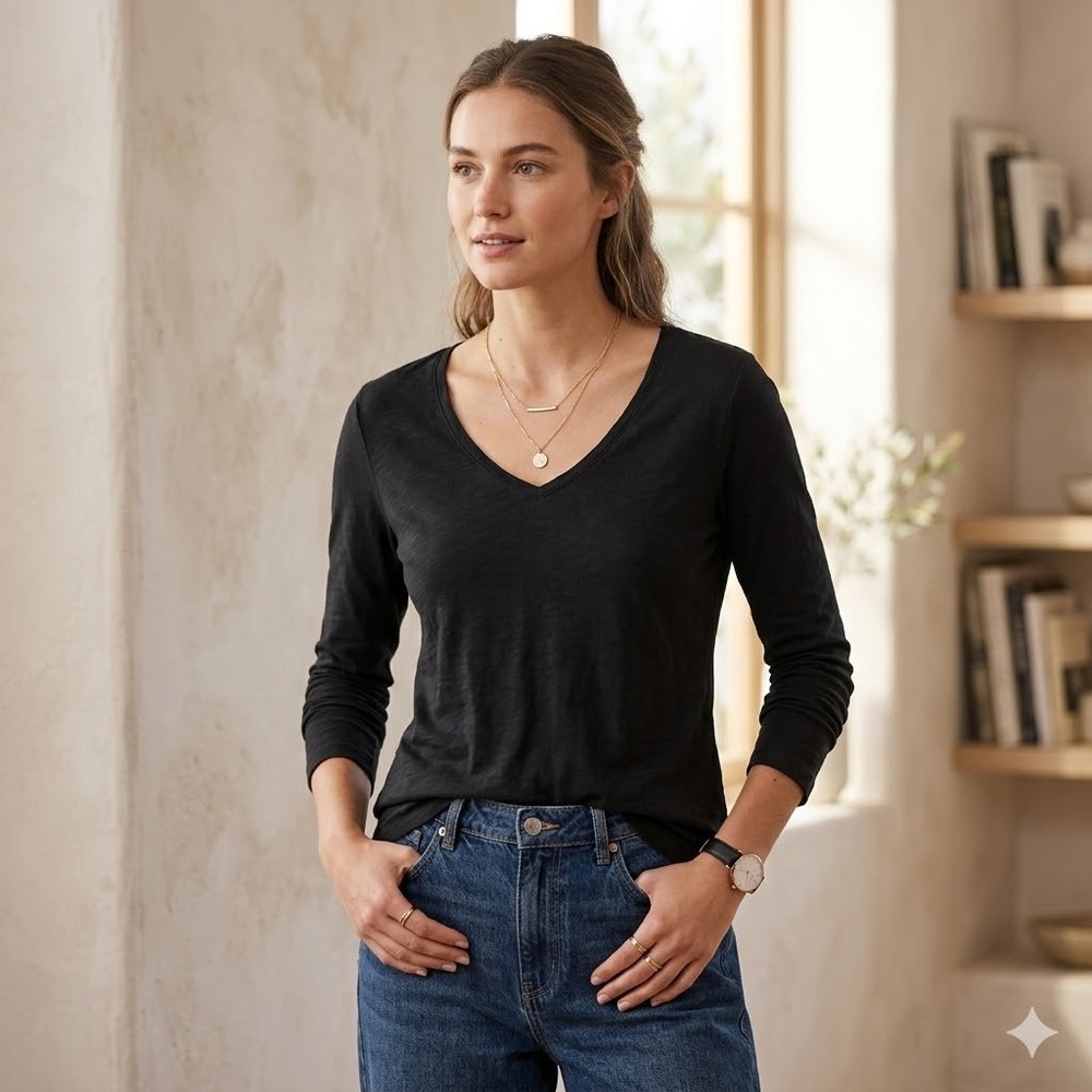 Reitmans Essentials Top Womens Black XS Long Sleeve V-Neck Curved Hem Knit